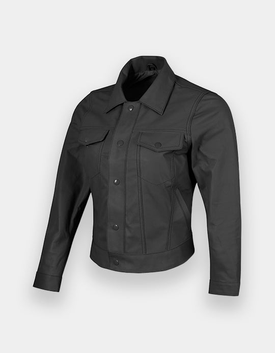 Women's Black Leather Trucker Jacket Classic Western Casual Denim Jeans Jacket, Chaqueta de cuero estilo camionero.
